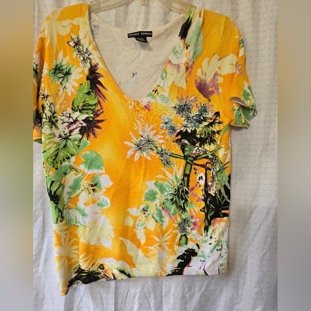 Yellow and Green Floral Short Sleeve Sweater